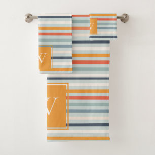 Cute Dusky Orange Blue Ochre Striped Pattern Bath Towel Set