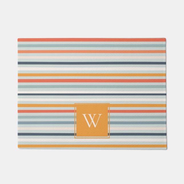 Cute Dusky Orange Blue Ochre Striped Pattern Doormat (Front)