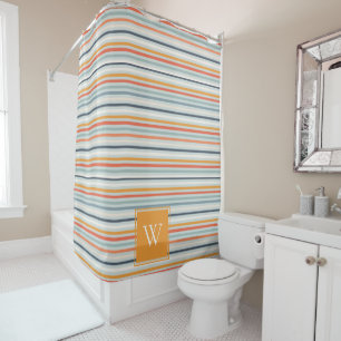 Cute Dusky Orange Blue Ochre Striped Pattern Shower Curtain