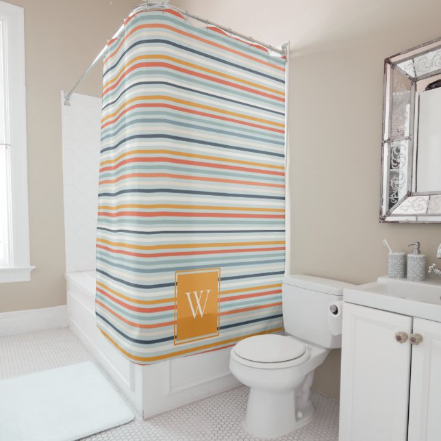 Cute Dusky Orange Blue Ochre Striped Pattern Shower Curtain (In Situ)