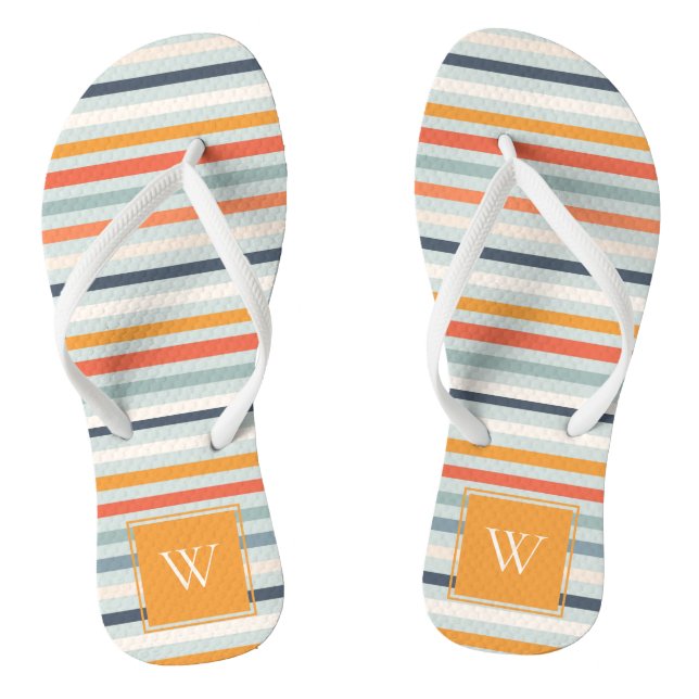 Cute Dusky Orange Blue Ochre Striped Pattern Thongs (Footbed)