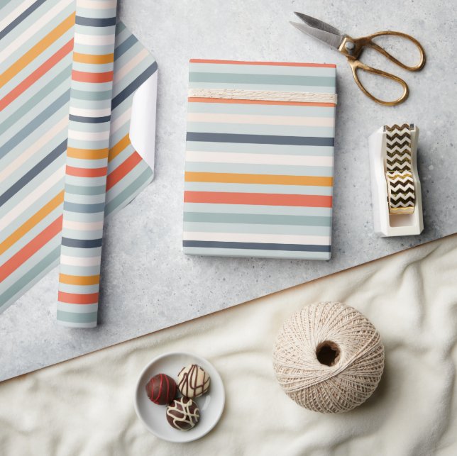 Cute Dusky Orange Blue Ochre Striped Pattern Wrapping Paper (Crafts)