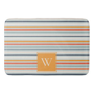 Cute Dusky Orange Blue Striped Pattern Monogram Bath Mat