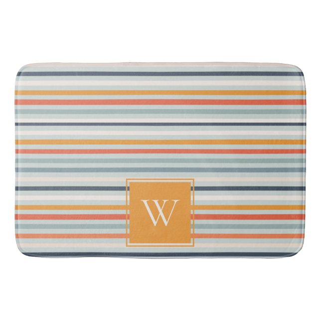 Cute Dusky Orange Blue Striped Pattern Monogram Bath Mat (Front)