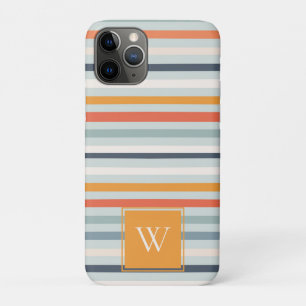 Cute Dusky Orange Blue Striped Pattern Monogram iPhone 11 Pro Case
