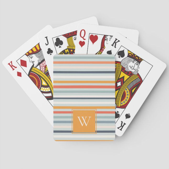 Cute Dusky Orange Blue Striped Pattern Monogram Playing Cards (Back)