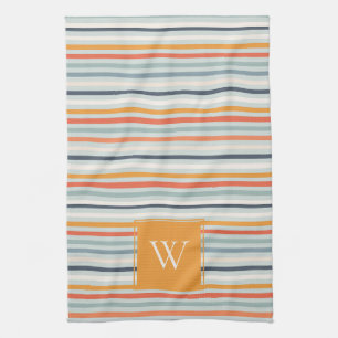 Cute Dusky Orange Blue Striped Pattern Monogram Tea Towel