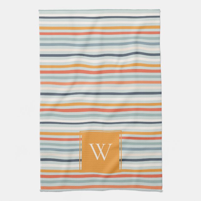 Cute Dusky Orange Blue Striped Pattern Monogram Tea Towel (Vertical)