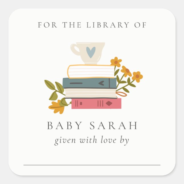 Cute Dusky Stacked Storybooks Floral Baby Library Square Sticker (Front)