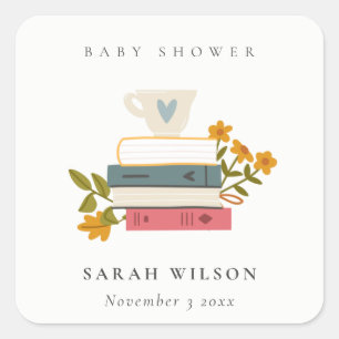 Cute Dusky Stacked Storybooks Floral Baby Shower Square Sticker