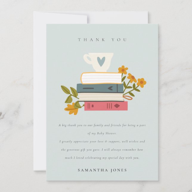 Cute Dusky Stacked Storybooks Floral Baby Shower Thank You Card (Front)