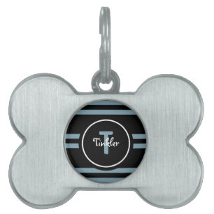 Cute Dusty Blue Black Stripes Monogram Dog Pet ID Tag