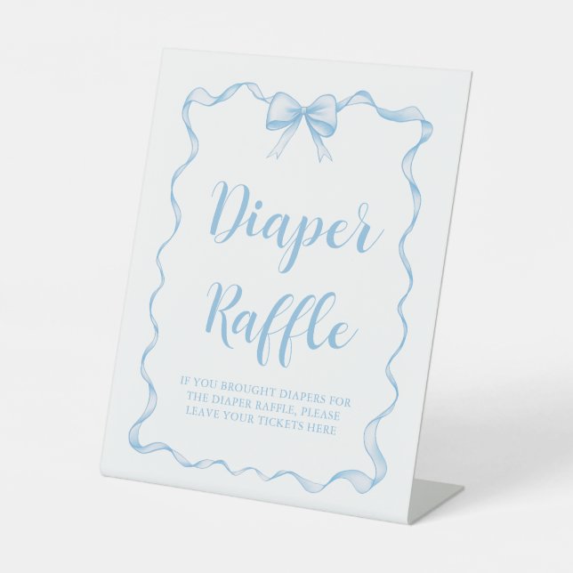 Cute Dusty Blue Bow Boy Baby Shower Diaper Raffle Pedestal Sign (Front)