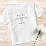 Cute Dusty Blue Bow & Floral Name Flower Girl Toddler T-Shirt<br><div class="desc">Celebrate your flower girl with this adorable personalised T-shirt! Featuring a charming floral design and an elegant bow, this custom name T-shirt is perfect for making your flower girl feel special on the big day. Crafted from high-quality, soft fabric, it ensures comfort and style. Customise it with her name to...</div>