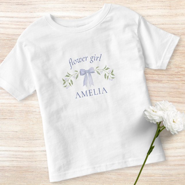 Cute Dusty Blue Bow & Floral Name Flower Girl Toddler T-Shirt (Creator Uploaded)