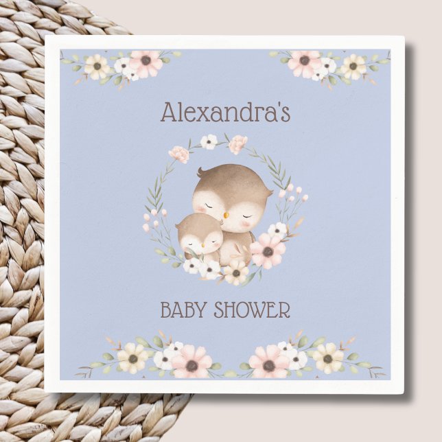 Cute Dusty Blue Floral Woodland Owl Baby Shower Napkin (Creator Uploaded)