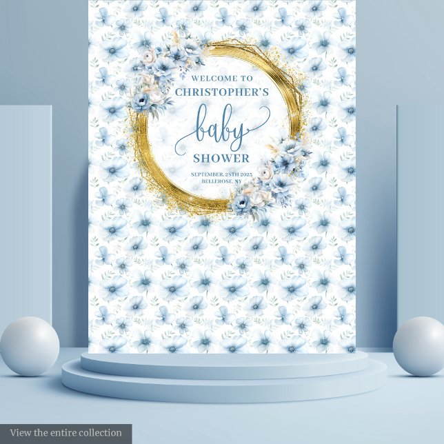 Cute dusty blue flowers gold boy baby shower  tapestry (Cute dusty blue flowers gold boy baby shower Tapestry)