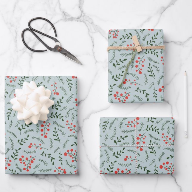 Cute dusty blue foliage greenery leaves pattern wrapping paper sheet (Front)