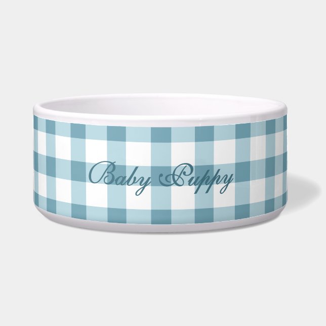 Cute Dusty Blue Gingham Pattern Pet Bowl (Front)