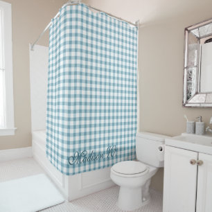 Cute Dusty Blue Gingham Pattern Shower Curtain