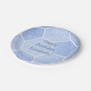 cute dusty blue girly soccer birthday party paper plate