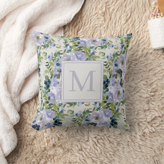 Cute Dusty Blue Navy Floral White Monogram Cushion (Blanket)