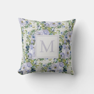 Cute Dusty Blue Navy Floral White Monogram  Cushion