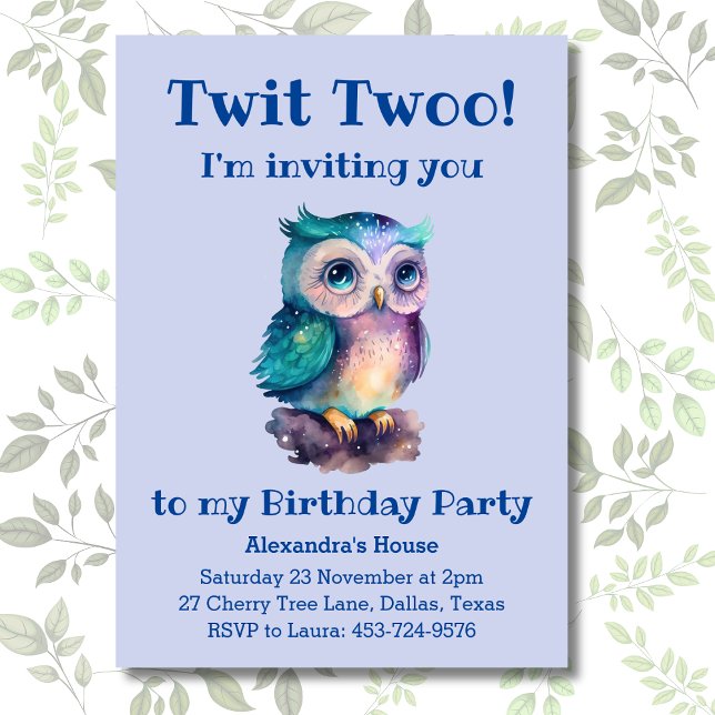 Cute Dusty Blue Owl Kids Woodland Birthday  Invitation (Creator Uploaded)