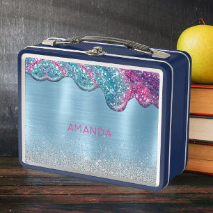 Cute dusty blue pink drips personalized metal lunch box