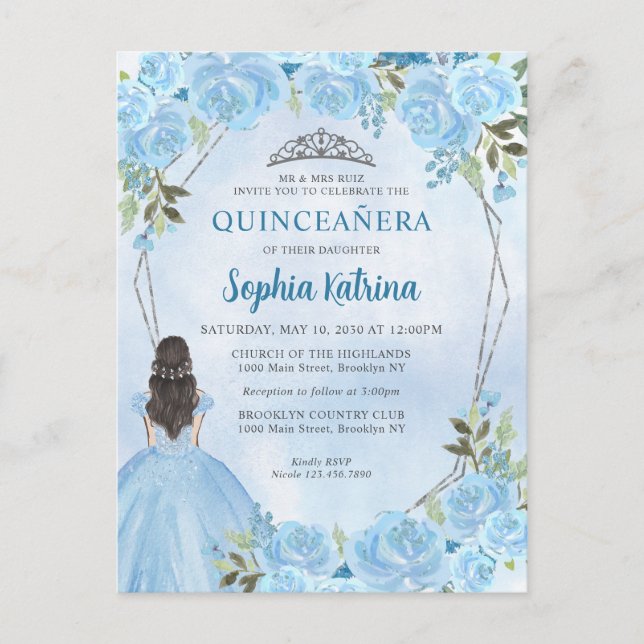Cute Dusty Blue Silver Floral Princess Quinceañera Postcard (Front)
