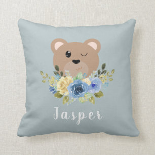Cute Dusty Blue Teddy Bear Name Kids Cushion