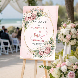 Cute Dusty Pink Floral Baby Shower Welcome Sign