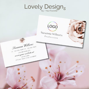 Cute Dusty Pink Rose Plain White with Logo Simple Business Card