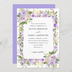 Cute Dusty Purple Lavender Greenery Floral Wedding Invitation