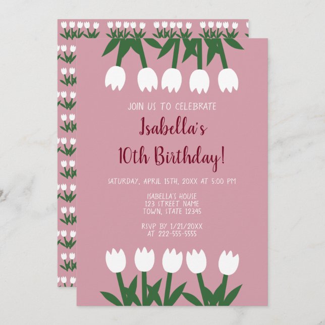Cute Dusty Rose Floral Tulips Birthday Party Invitation (Front/Back)