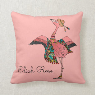 Cute Dusty Rose Pink Bohemian Flamingo & Name Cushion