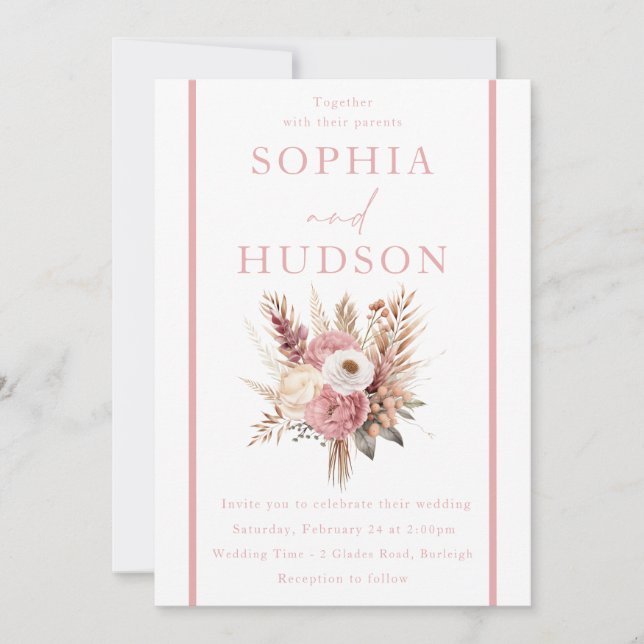 Cute Dusty Rose & Pink Boho Floral Wedding Invitation (Front)