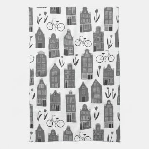 Cute Dutch Houses Amsterdam City Pattern Tea Towel