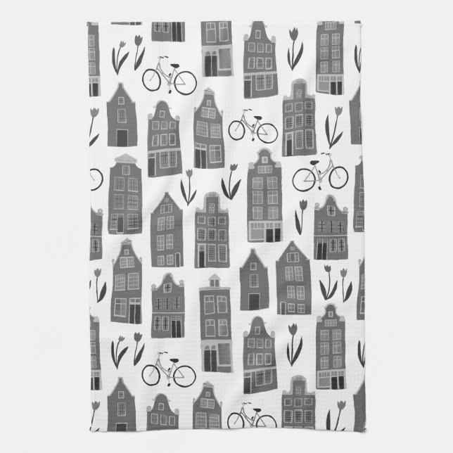 Cute Dutch Houses Amsterdam City Pattern Tea Towel (Vertical)