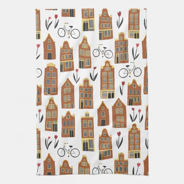 Cute Dutch Houses Amsterdam City Pattern Tea Towel (Vertical)