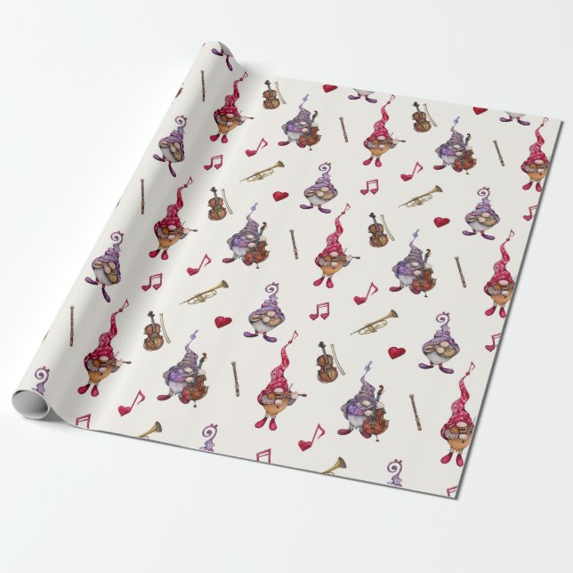Cute Dwarf Musicians Give a A Holiday Concert Wrapping Paper (Unrolled)