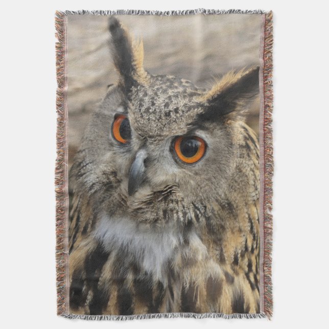 Cute eagle owl photography throw blanket (Front Vertical)
