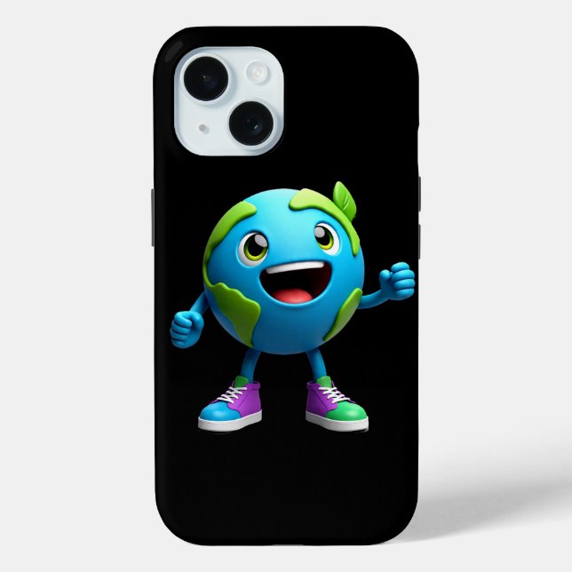 Cute Earth Cartoon iPhone 15 Case – Fun Eco (Back)