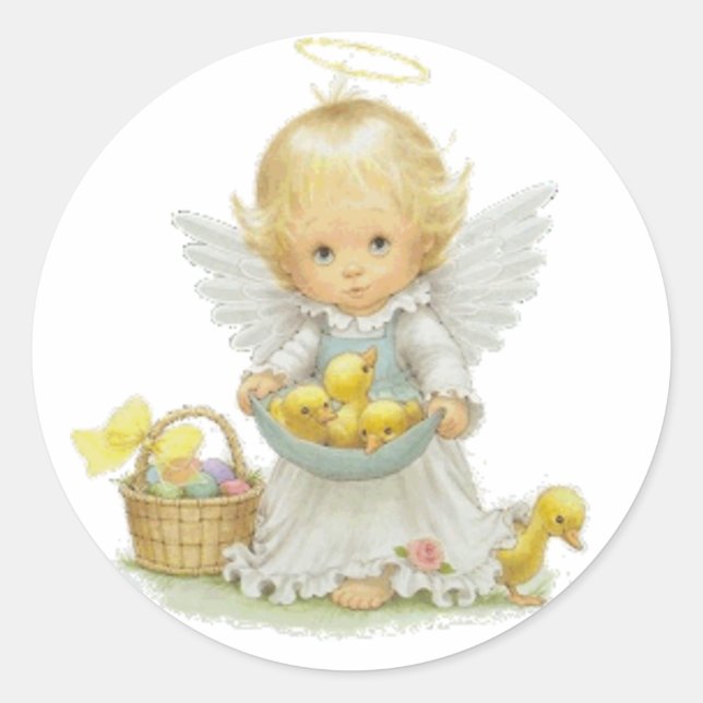 Cute Easter Angel And Ducklings Classic Round Sticker (Front)