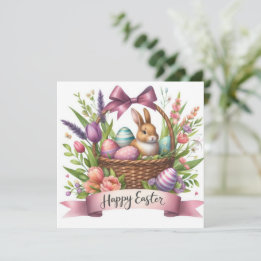 Cute Easter Basket Bunny Floral Illustration  Holiday Card