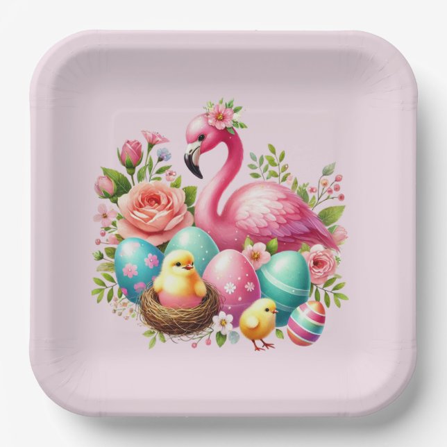 Cute Easter beach pink flamingo party Paper Plate (Front)