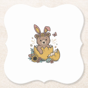 Cute Easter Bear in Cracked Egg Vintage Vector_1 Paper Coaster