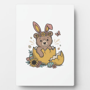 Cute Easter Bear in Cracked Egg Vintage Vector_1 Plaque