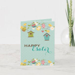 Cute Easter Birds, Bird Feeders & Eggs Holiday Card
