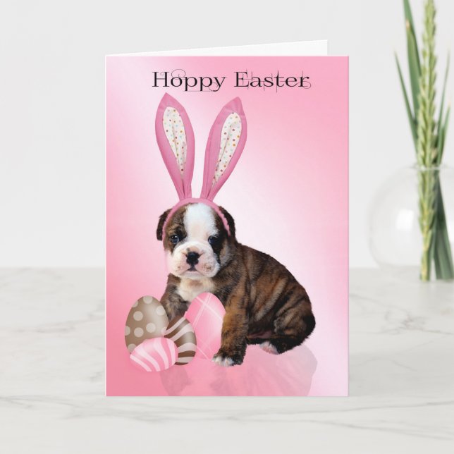 Cute Easter Bulldog Puppy With Eggs, Wearing Rabbi Holiday Card (Front)